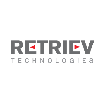 Retriev Technologies logo. Small, circular in grey and red.